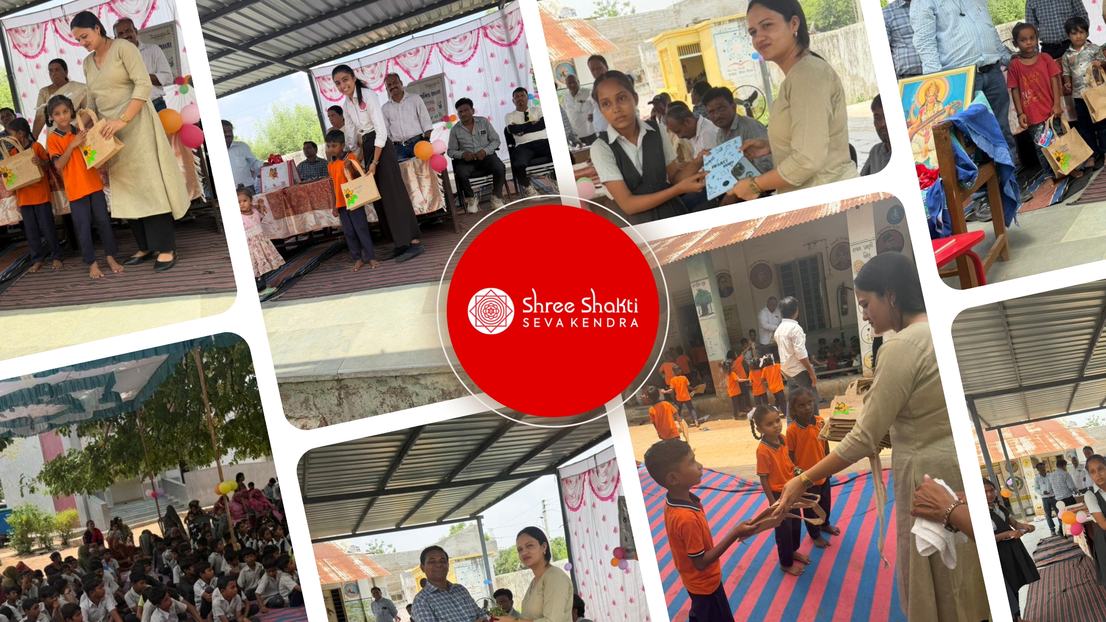 Students receiving cloth bags