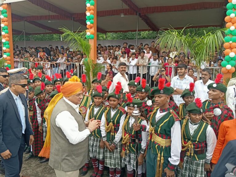 SSSK Bagpiper Band tribal children interacting with dignitary at Amreli Independence Day 2026