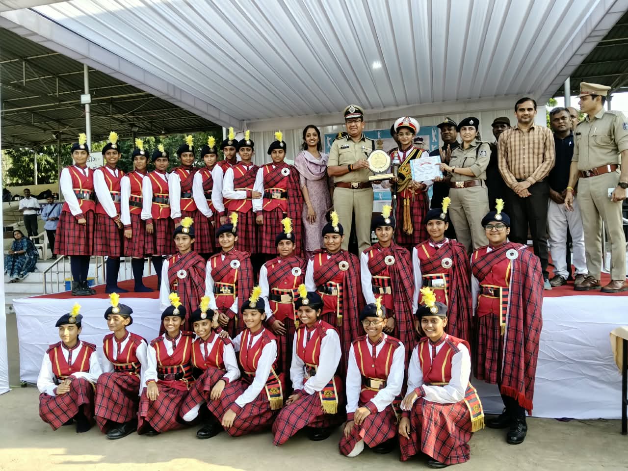 Girls’ Pipe Band of Shree Shakti Seva Kendra receiving recognition for securing second rank at the Gujarat state-level school band competition.